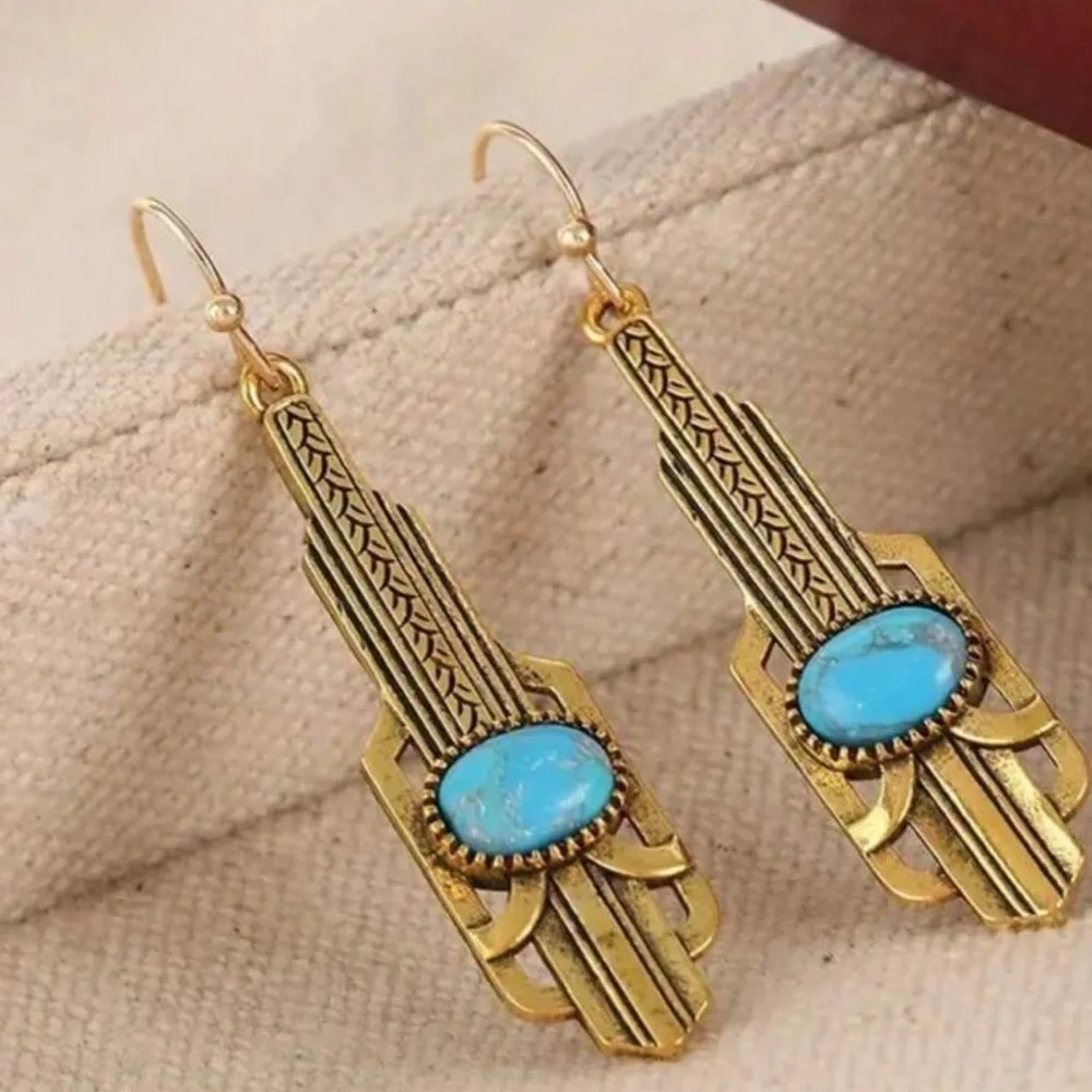 2/$30🌵 Gold Turquoise Stone Art Deco Earrings Vintage Style Gatsby Jewelry NEW